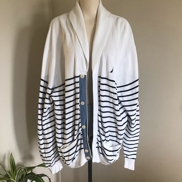 NAUTICA Cardigan White Blue Stripes Spring 100% Cotton Plus Size 3XL 3X​​ - Picture 7 of 7